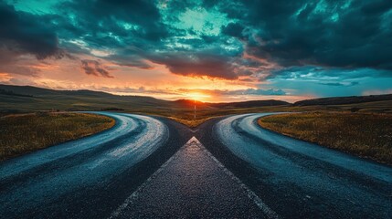 Naklejka premium Lonely Crossroads at Dusk with Winding Roads Leading to Sunset