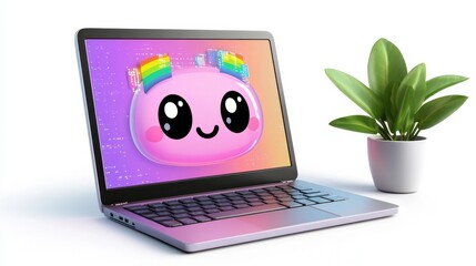 Cute cartoon character on laptop screen with vibrant colors and plant