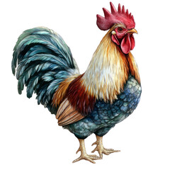 Proud Rooster Illustration With Vibrant Plumage Isolated On White. Farmhouse Style, Detailed Artwork