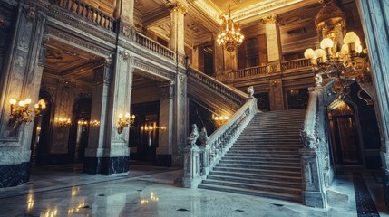 Naklejka premium Luxurious Marble Interior of Grand Hotel Lobby with Elegant Details