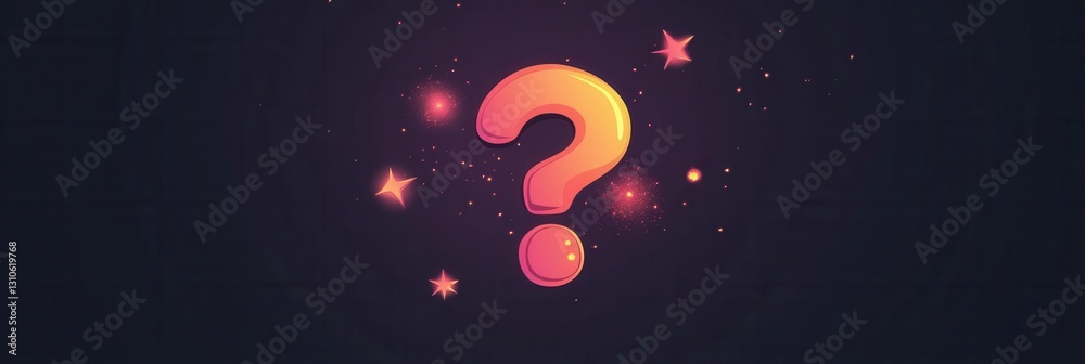 Poster minimalist question mark icon with glowing light bursts in modern flat style indicating curiosity an