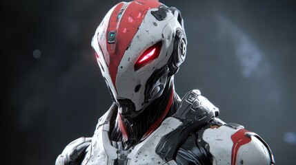 Futuristic robotic figure with glowing eyes in a dark setting