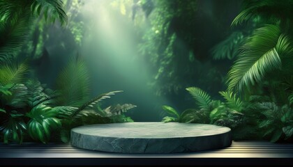 showcases a stone pedestal set within a lush, tropical jungle backdrop. Surrounded by vibrant green foliage and natural textures, the composition exudes a serene and organic ambiance.
