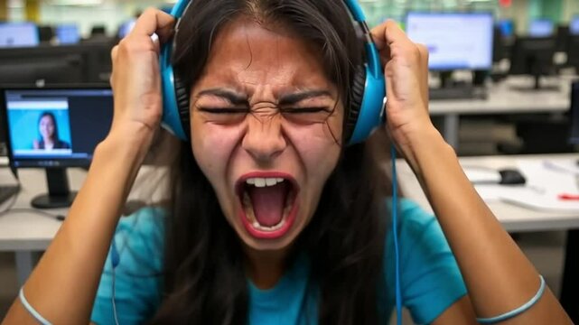 Frustration Overload: Capturing a moment of extreme frustration as a young person in headphones expressing raw, intense emotion, surrounded by the sterile environment of a work or study setting
