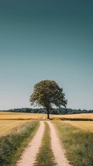 Minimalist Countryside Crossroads with a Single Tree Landscape