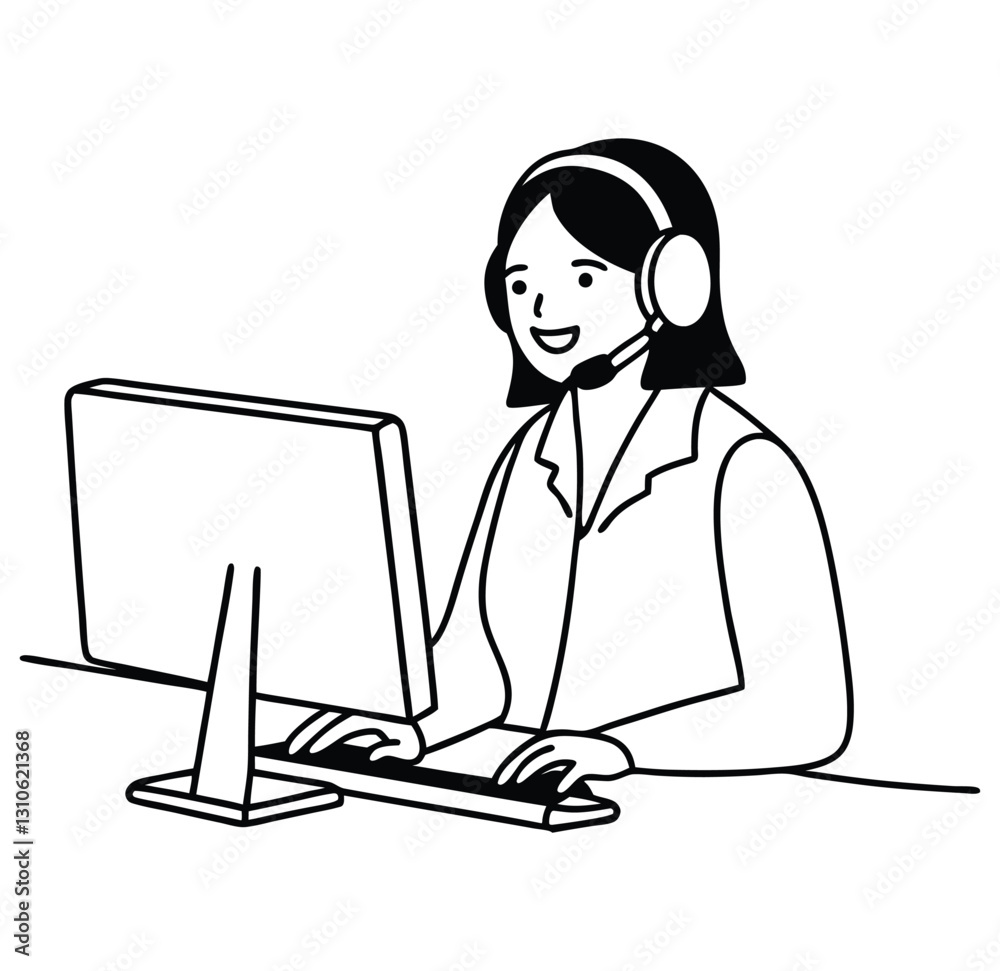 Fototapete female customer service operator line drawing in front of a computer with a headset.