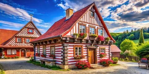 Fototapeta premium Doubrava Farmhouse: Half-Timbered Folk Architecture, Western Bohemia, Czech Republic - Stock Photo