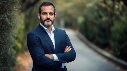 Confident Businessman Standing on a Serene Road Surrounded by Nature