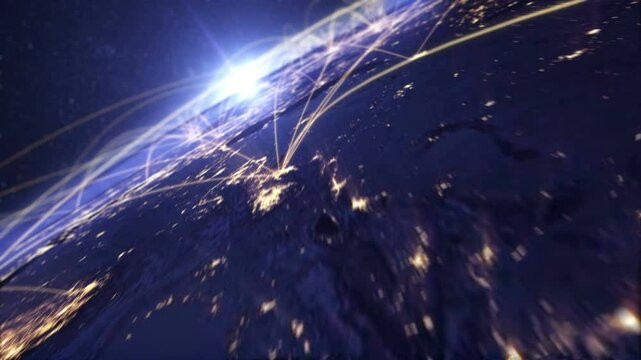 Global network connect view from space satellite with lights connect between city light background loop for title , opener