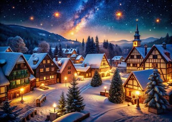 Naklejka premium Magical Winter Village Nightscape: Starry Sky, Holiday Lights, Vintage Photography