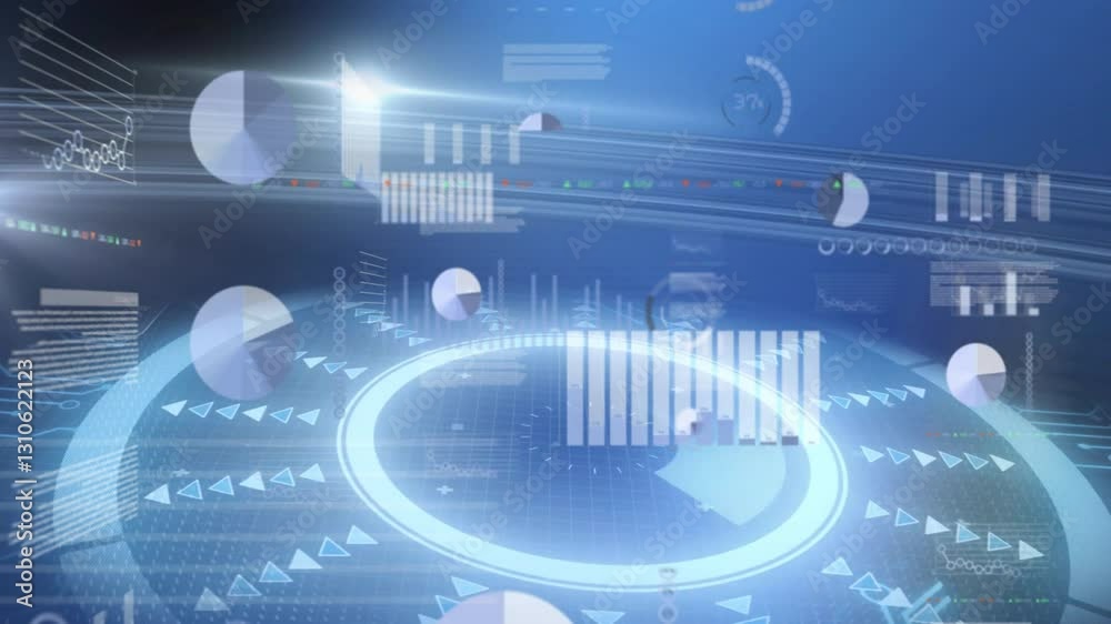 Poster animation of digital data charts and graphs floating over futuristic blue background
