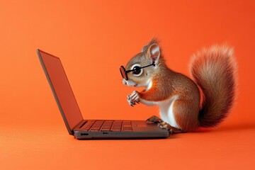 Playful Squirrel Wearing Tiny Spectacles Engaged with a Laptop on Bright Orange Background
