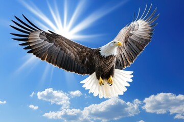 Obraz premium Powerful Eagle Captured in Exaggerated Mid-Flight Against a Bright Blue Sky