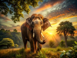 Fototapeta premium Majestic Asian Elephant Trunk Up, Thailand - Long Exposure Wildlife Photography