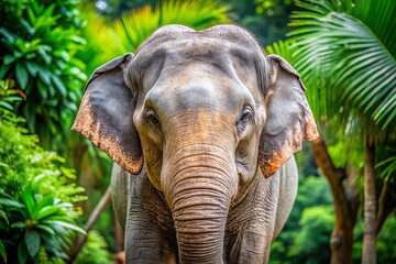Naklejka premium Majestic Asian Elephant in Zoo, Vertical Portrait, Gray Creature, Wildlife Photography