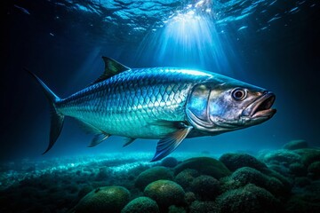 Fototapeta premium Majestic Atlantic Tarpon at Night - Underwater Bioluminescence