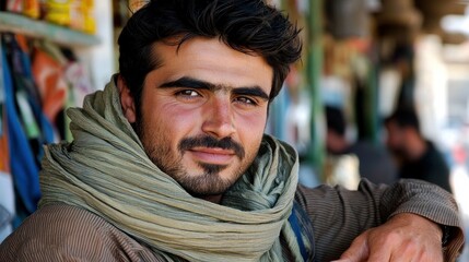 Man with scarf, brown shirt, and dark hair stands in a shop with a soft, warm light