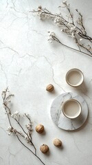 Marble background with drinks, walnuts, and dried floral elements arranged