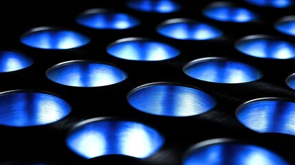 Metal grid with blue light glowing through circular holes. Abstract view