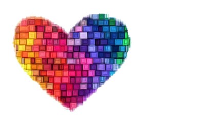Colorful Heart Shape Made of Vibrant Pixel Squares on White Background