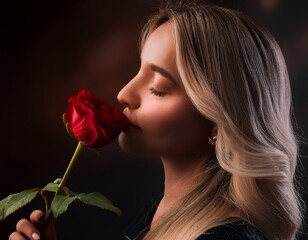 Fototapeta premium close up photo of a woman inhaling the scent of a red rose