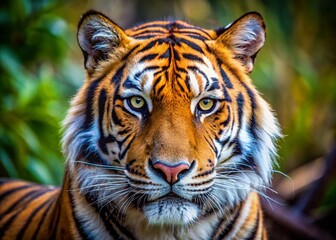 Fototapeta premium Majestic Bengal Tiger in Captivity, Intense Gaze, Wildlife Photography