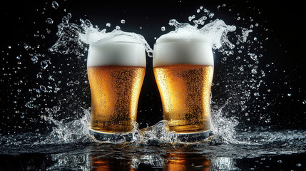 Two glasses of beer with foam, splashing water and ice cubes on a black background