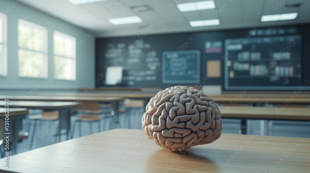 Poster a realistic representation of a human brain placed on a table symbolizing knowledge and adaptive lea