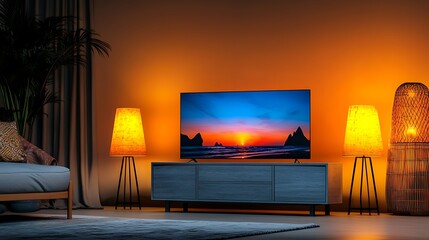Cozy living room with a modern TV displaying a sunset over the ocean, warm lighting ambiance