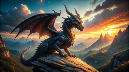 Majestic Black Winged Dragon & Rider Fantasy Portrait