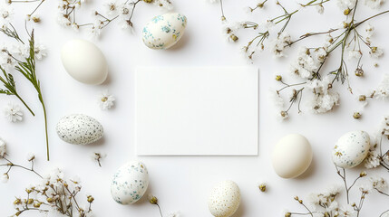 Obraz premium A flat lay of an empty, blank white card, surrounded by delicate Easter eggs and spring flowers on the sides