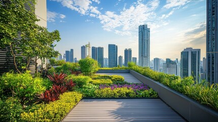 Fototapeta premium Serene Rooftop Garden Overlooking a Bustling Urban Skyline