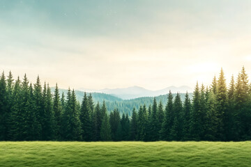 Fototapeta premium beautiful landscape with dense pine forests and mountains under a clear sky, aqua color cloudy sky