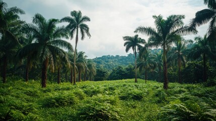 A lush green jungle environment showcasing the natural beauty and diversity of a cacao plantation surrounded by nature