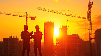 Construction workers discussing plans during sunset with cranes and buildings in background