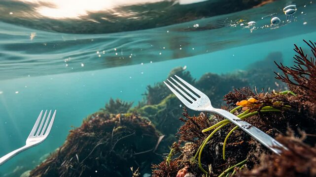 ocean plastic pollution concept, Underwater scene with forks and seaweed.