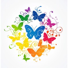 Colorful butterflies and floral swirls in a circle design.