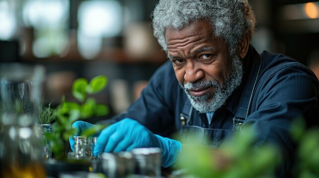 Older man tending small plants, blue gloves, blurred background indoors
