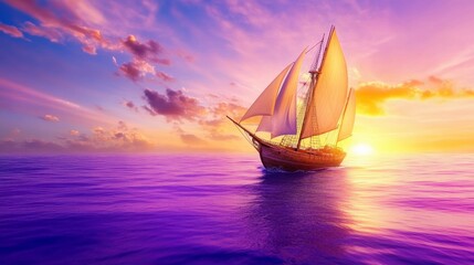 Majestic Sailing Ship on Vibrant Sunset over Calm Ocean Waters