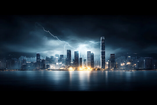 lightning striking over a modern urban skyline amidst a heavy rainstorm, lightning effect, lake and urban landscape, dark fantasy cloddy sky