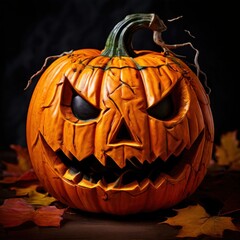 an AI Image Generator, Scary Jack-O'-Lantern With Autumn Leaves