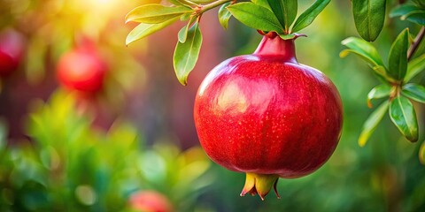 Juicy Pomegranate, Single Fruit Hanging, Deep Depth of Field, Healthy Pomegranate Tree, Vibrant Red Fruit, Autumn Harvest, Pomegranate Photography
