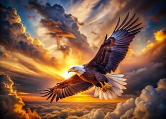 Obraz premium Majestic Eagle Soaring Above Dramatic Cloudy Sky - Wildlife Stock Photo