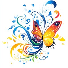Colorful butterfly with floral swirls.