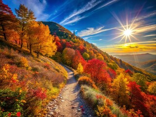 Majestic Fall Mountain Hike: Scenic Trail with Sky Copy Space for Autumn Food Photography