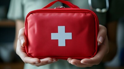 Red first aid kit symbolizes readiness for medical emergencies. Medical concept