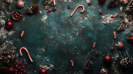 Festive holiday decoration arrangement cozy indoor setting still life cheerful atmosphere top-down view christmas spirit