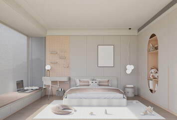 Modern interior of a kid bedroom with decorative items and kid toys, mockup frame on wall