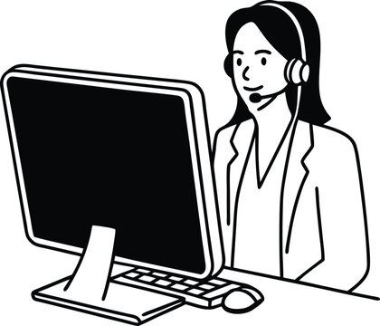 recommend clip art: Female customer service operator line drawing  in front of a computer with a headset.