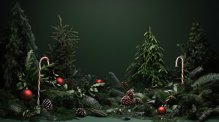 Festive holiday decoration scene with pine trees christmas ornaments and candy canes studio setting green background